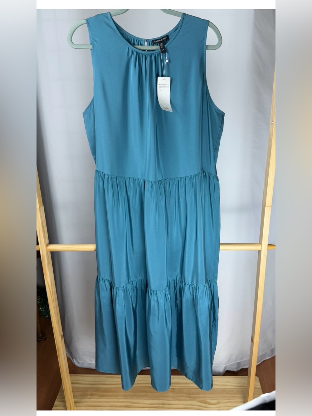 NWT Eileen Fisher XL Washed Silk Habutai Tiered Midi Dress Teal Blue Green